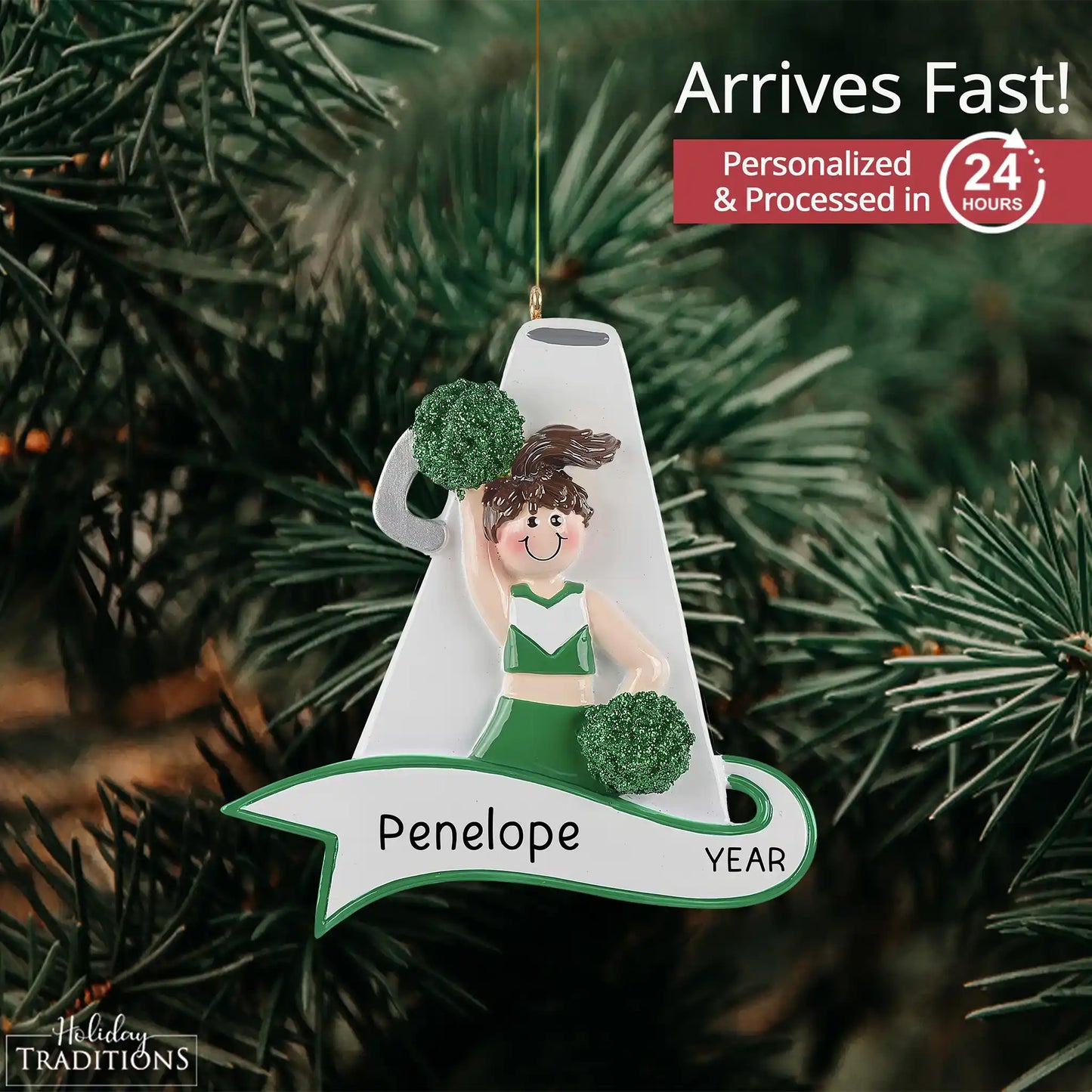 Cheerleader Green Megaphone Christmas Ornament