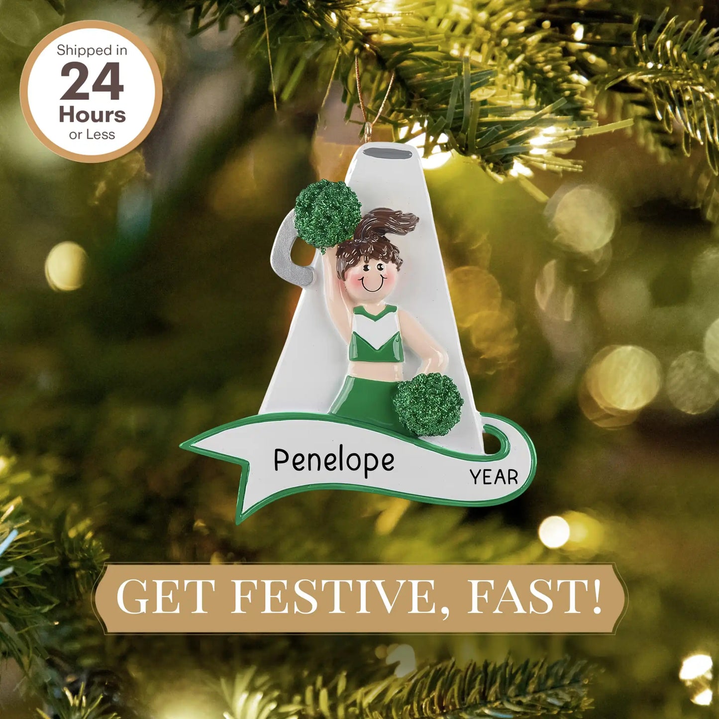 Cheerleader Green Megaphone Christmas Ornament