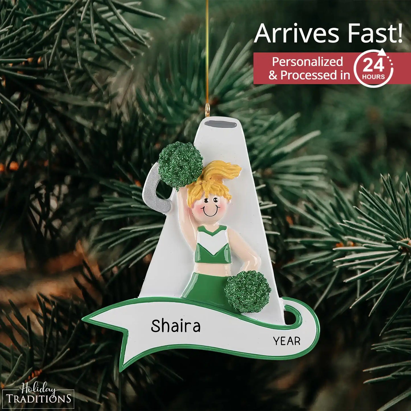 Adorno navideño con megáfono verde de animadora - Rubio 