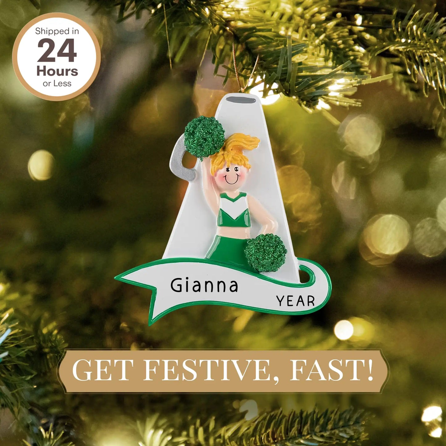 Adorno navideño con megáfono verde de animadora - Rubio 