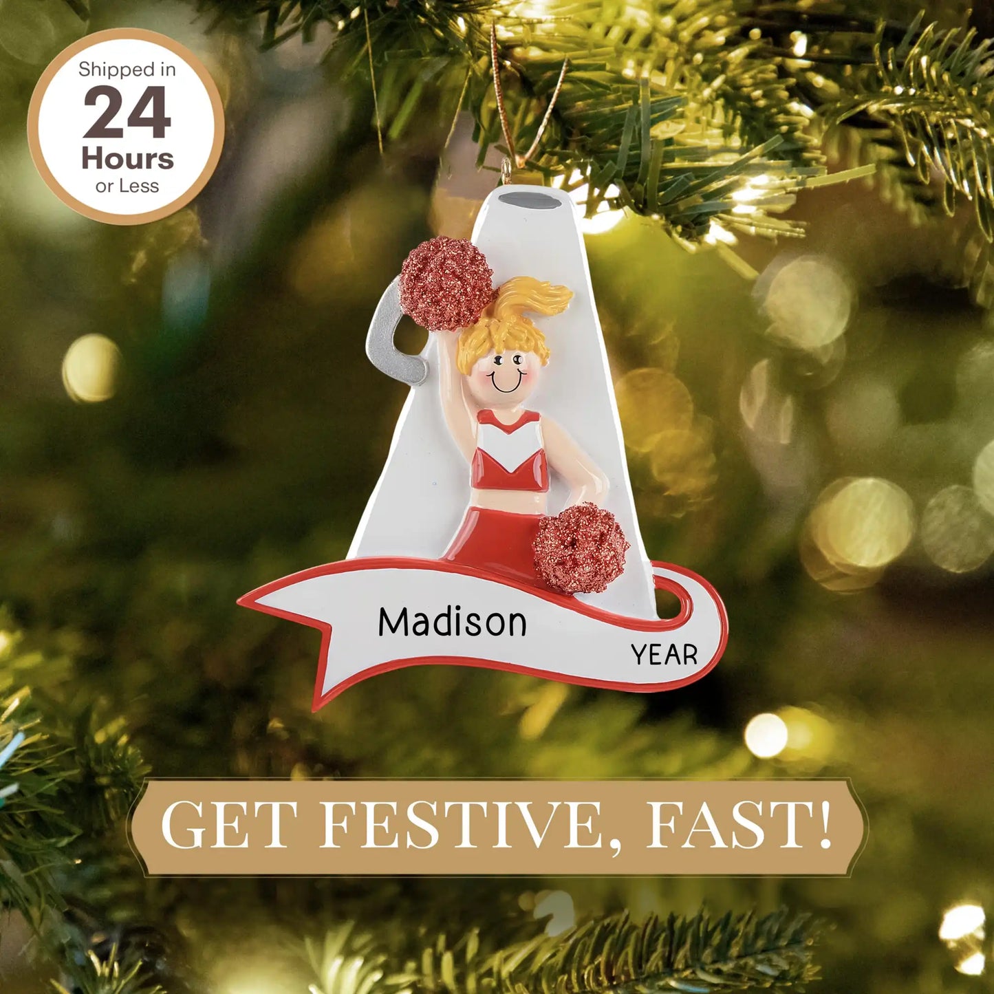 Cheerleader Red Megaphone Christmas Ornament - Blonde