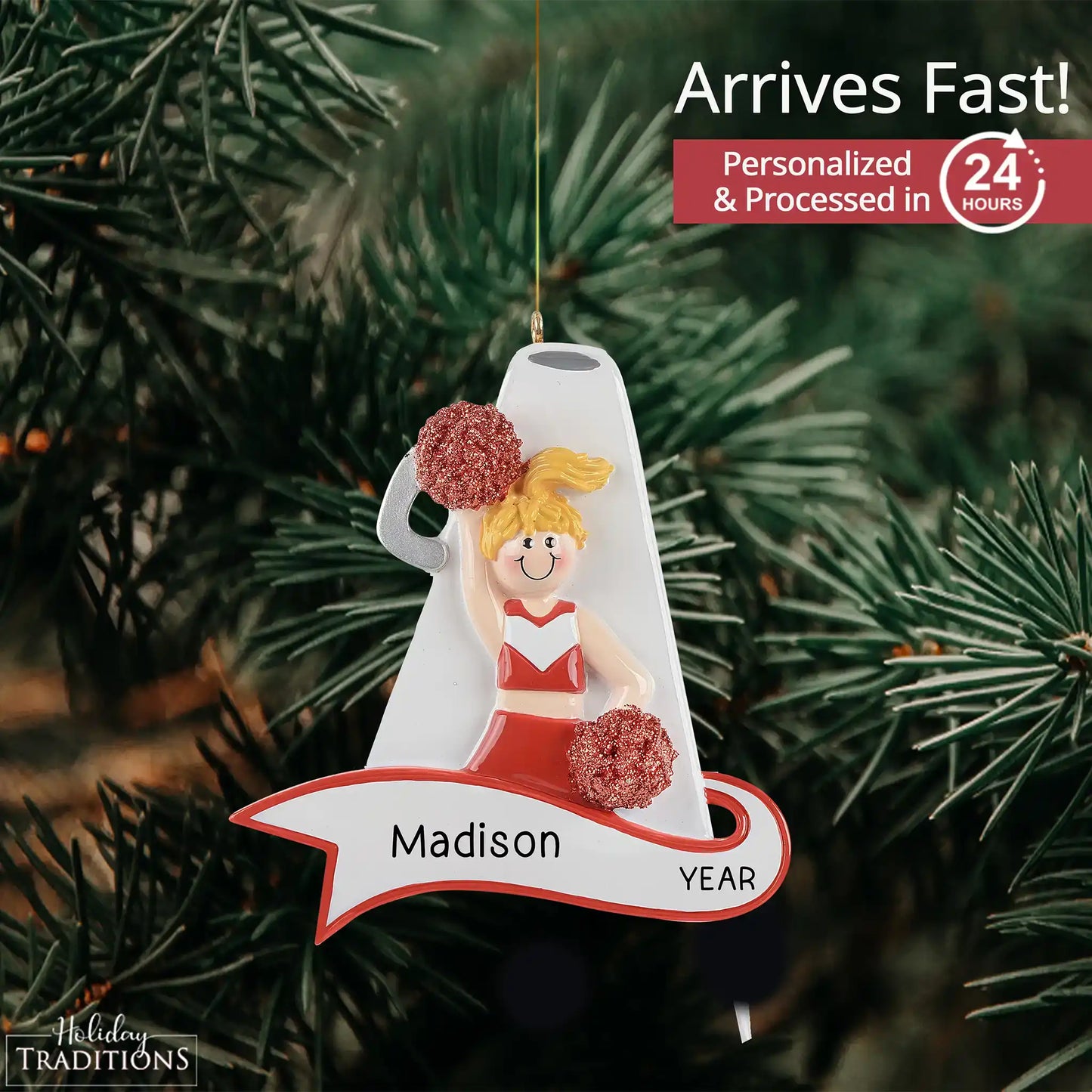 Cheerleader Red Megaphone Christmas Ornament - Blonde