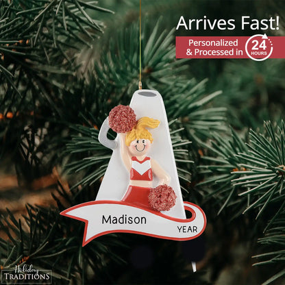 Cheerleader Red Megaphone Christmas Ornament - Blonde