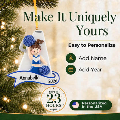 Make it yours: add name and year to the personalized cheerleader blue megaphone christmas ornament