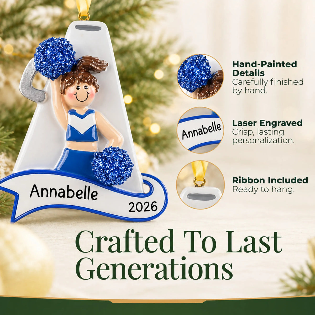 Hand-painted details and laser engraved personalization on the cheerleader blue megaphone christmas ornament, ribbon included