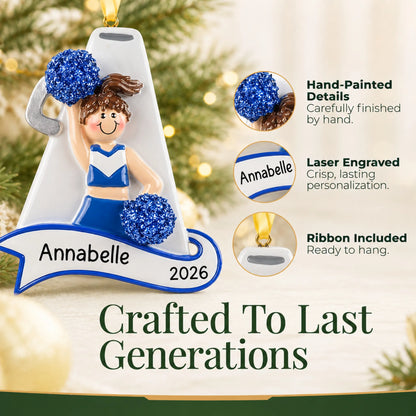 Hand-painted details and laser engraved personalization on the cheerleader blue megaphone christmas ornament, ribbon included