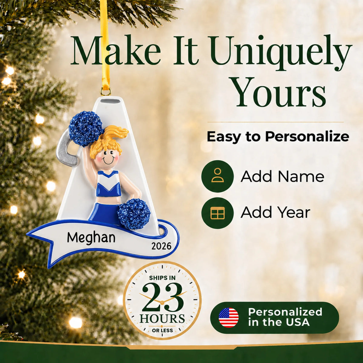 Make it yours: add name and year to the personalized blonde cheerleader blue megaphone christmas ornament