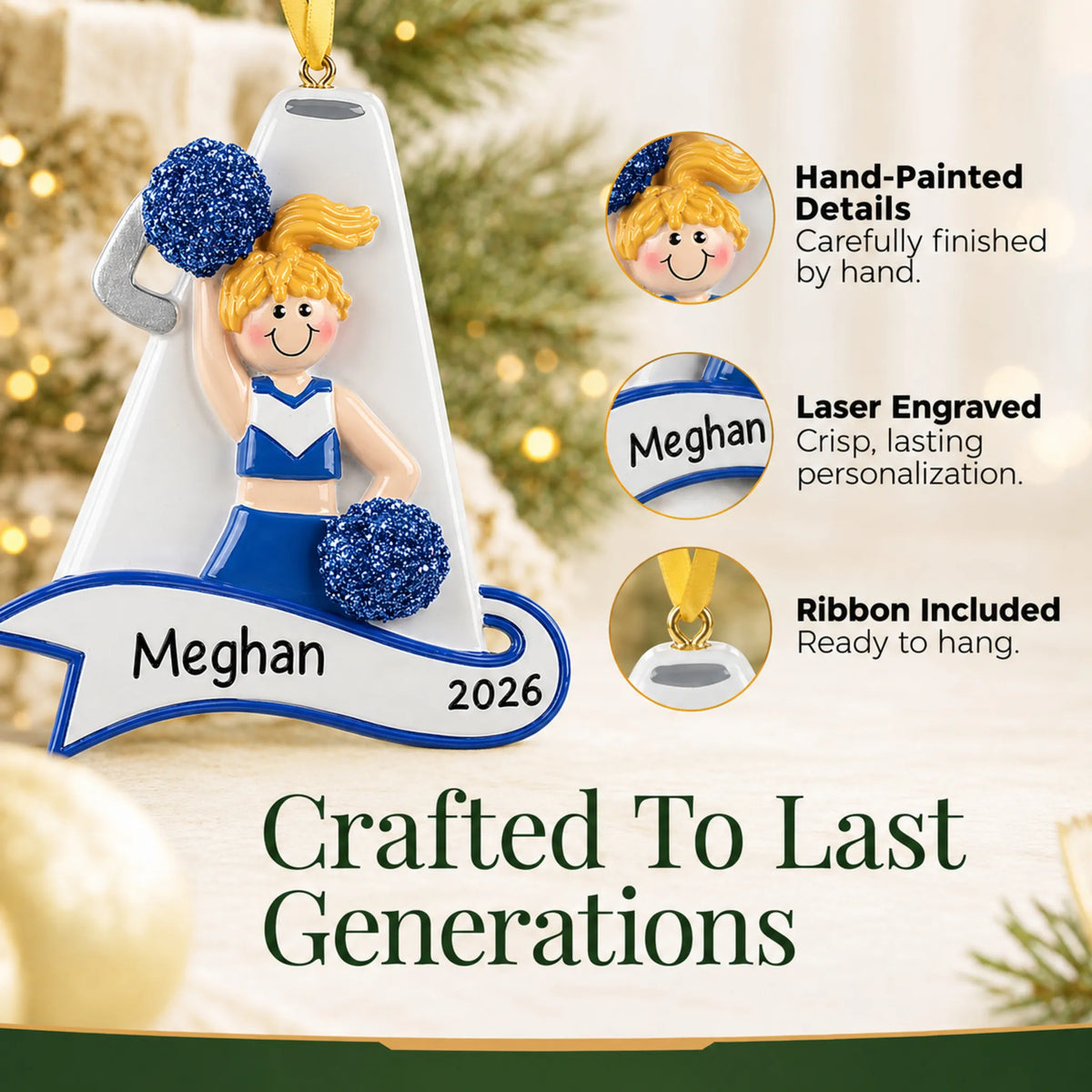 Hand-painted, laser engraved blonde cheerleader blue megaphone christmas ornament, ribbon included
