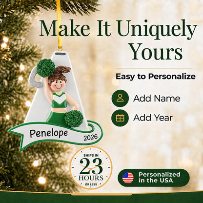 Make it yours: add name and year to the personalized cheerleader green megaphone christmas ornament