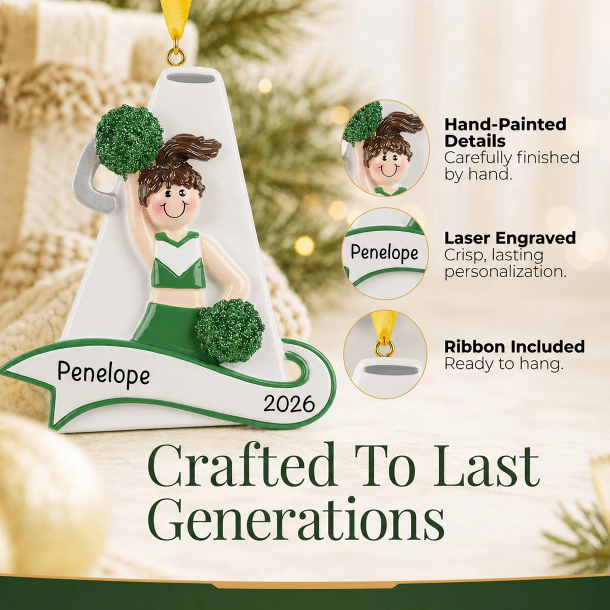 Hand-painted, laser engraved cheerleader green megaphone christmas ornament, ribbon included