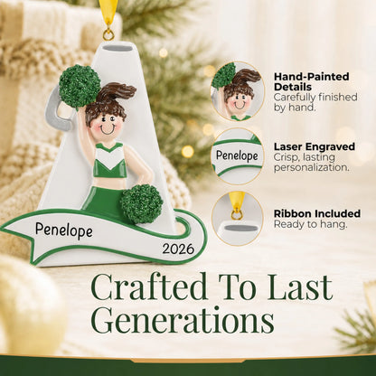 Hand-painted, laser engraved cheerleader green megaphone christmas ornament, ribbon included