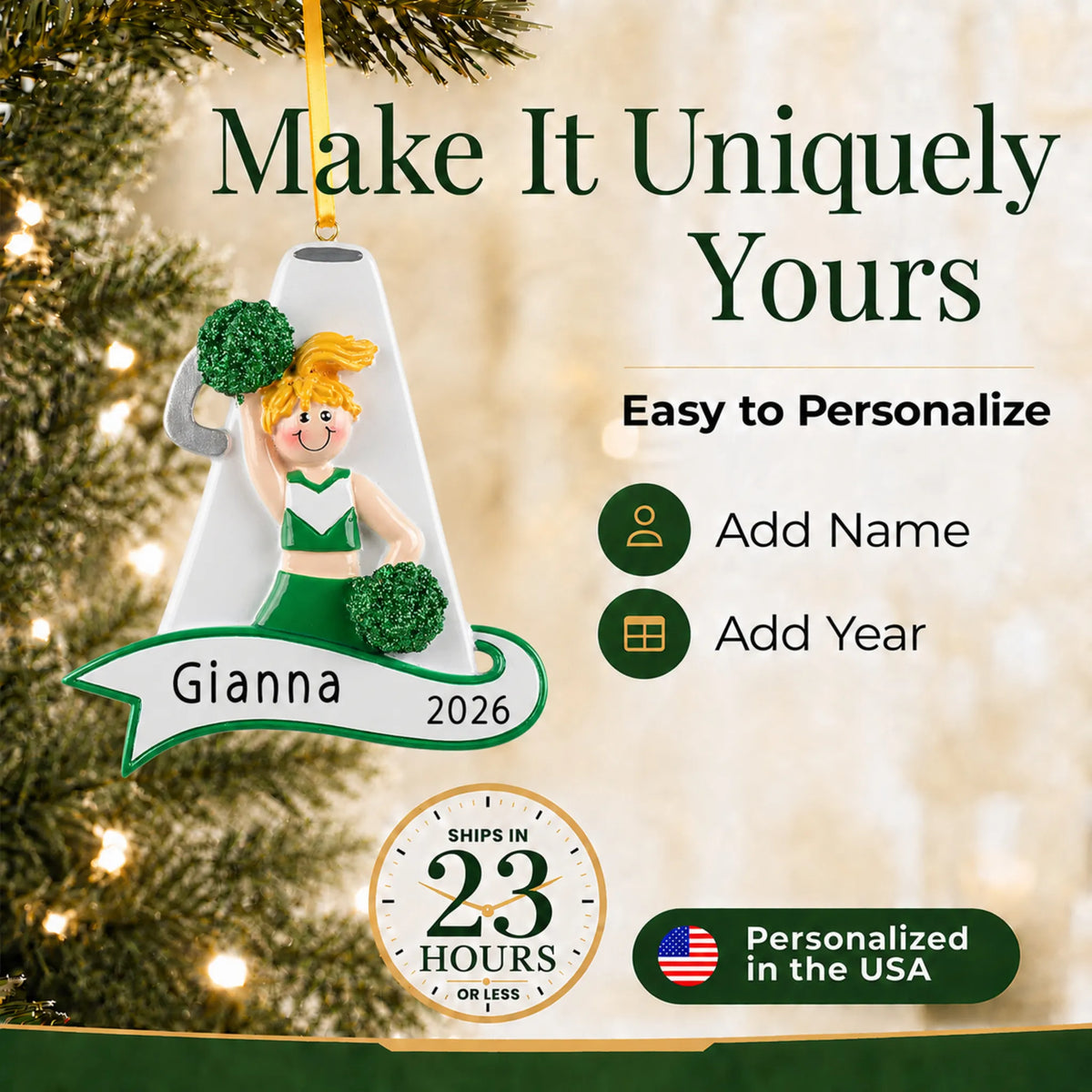 Make it yours: add name and year to the personalized blonde cheerleader green megaphone christmas ornament