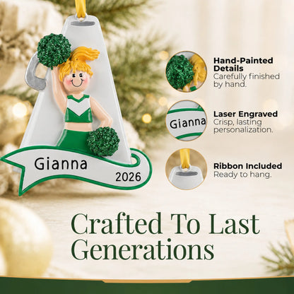 Hand-painted, laser engraved blonde cheerleader green megaphone christmas ornament, ribbon included