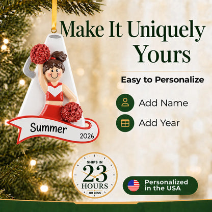 Make it yours: add name and year to the personalized cheerleader red megaphone christmas ornament