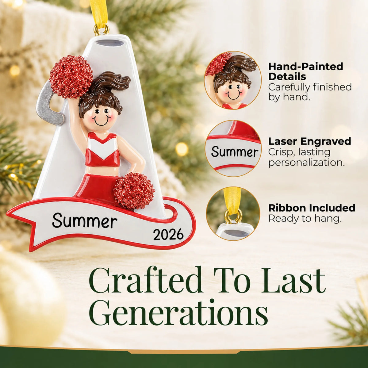 Hand-painted details and laser engraved personalization on the cheerleader red megaphone christmas ornament, ribbon included