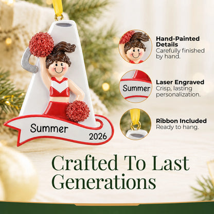 Hand-painted details and laser engraved personalization on the cheerleader red megaphone christmas ornament, ribbon included