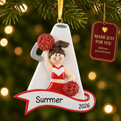 Cheerleader red megaphone christmas ornament hanging on a lit Christmas tree with a Made Just For You gift tag