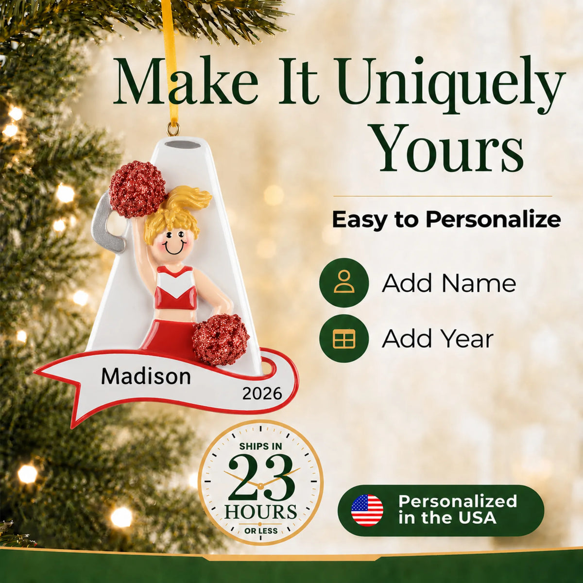 Make it yours: add name and year to the personalized blonde cheerleader red megaphone christmas ornament