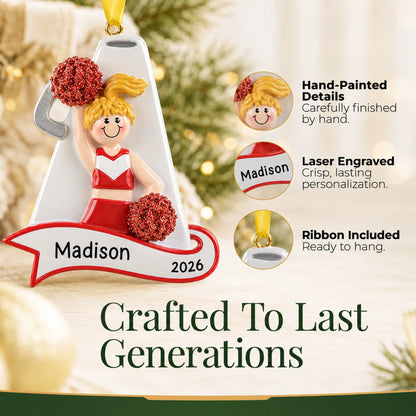 Hand-painted, laser engraved blonde cheerleader red megaphone christmas ornament, ribbon included
