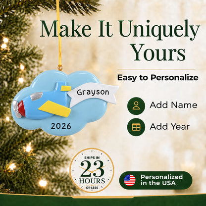 Make it yours: add name and year to the personalized airplane christmas ornament