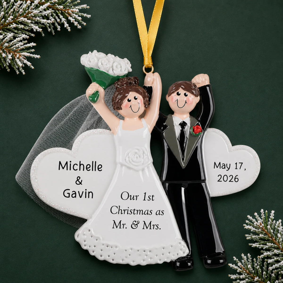 Personalized wedding day Christmas ornament with a cheering bride and groom, names, date and a Mr. & Mrs. heart