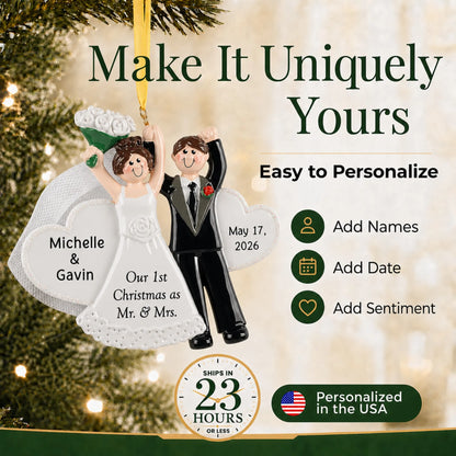 How to personalize the wedding day Christmas ornament: add names, date and sentiment, ships in 23 hours
