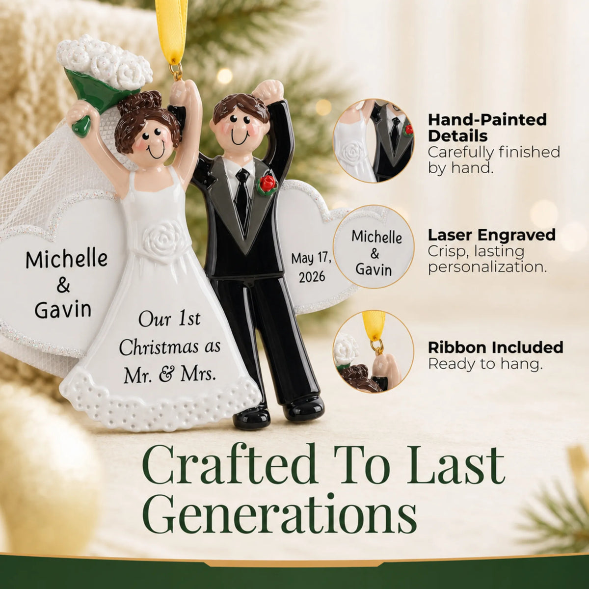 Close-up of the personalized wedding day Christmas ornament: hand-painted detail, laser engraving