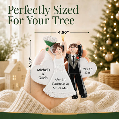 Personalized wedding day Christmas ornament held in a hand to show its 4.5 by 4.5 inch size