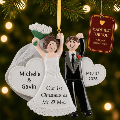 Personalized wedding day Christmas ornament on a lit Christmas tree with a Made Just For You tag