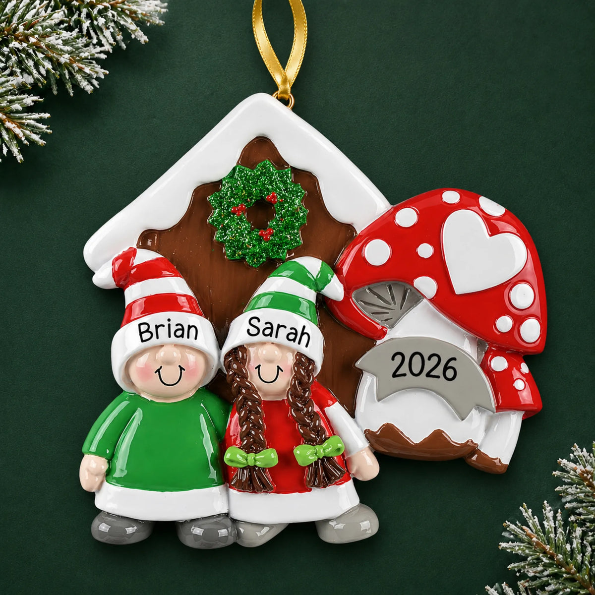 Personalized gnome mushroom couple christmas ornament on a dark green pine background