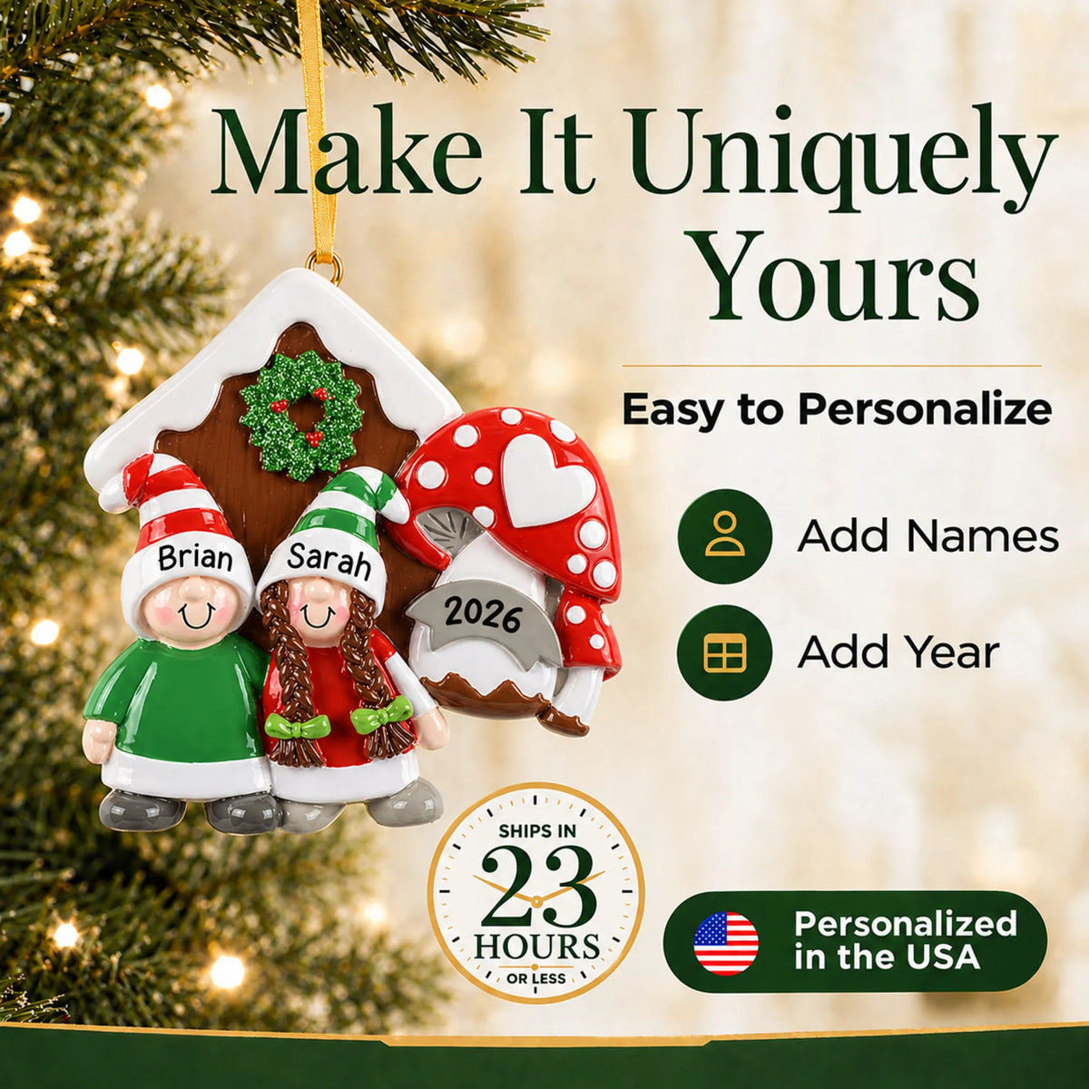 Make it yours: add names to the personalized gnome mushroom couple christmas ornament