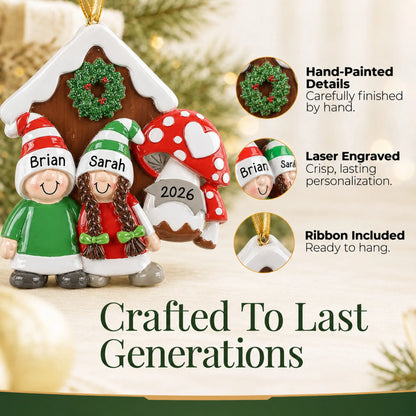 Hand-painted details and laser engraved personalization on the gnome mushroom couple christmas ornament, ribbon included