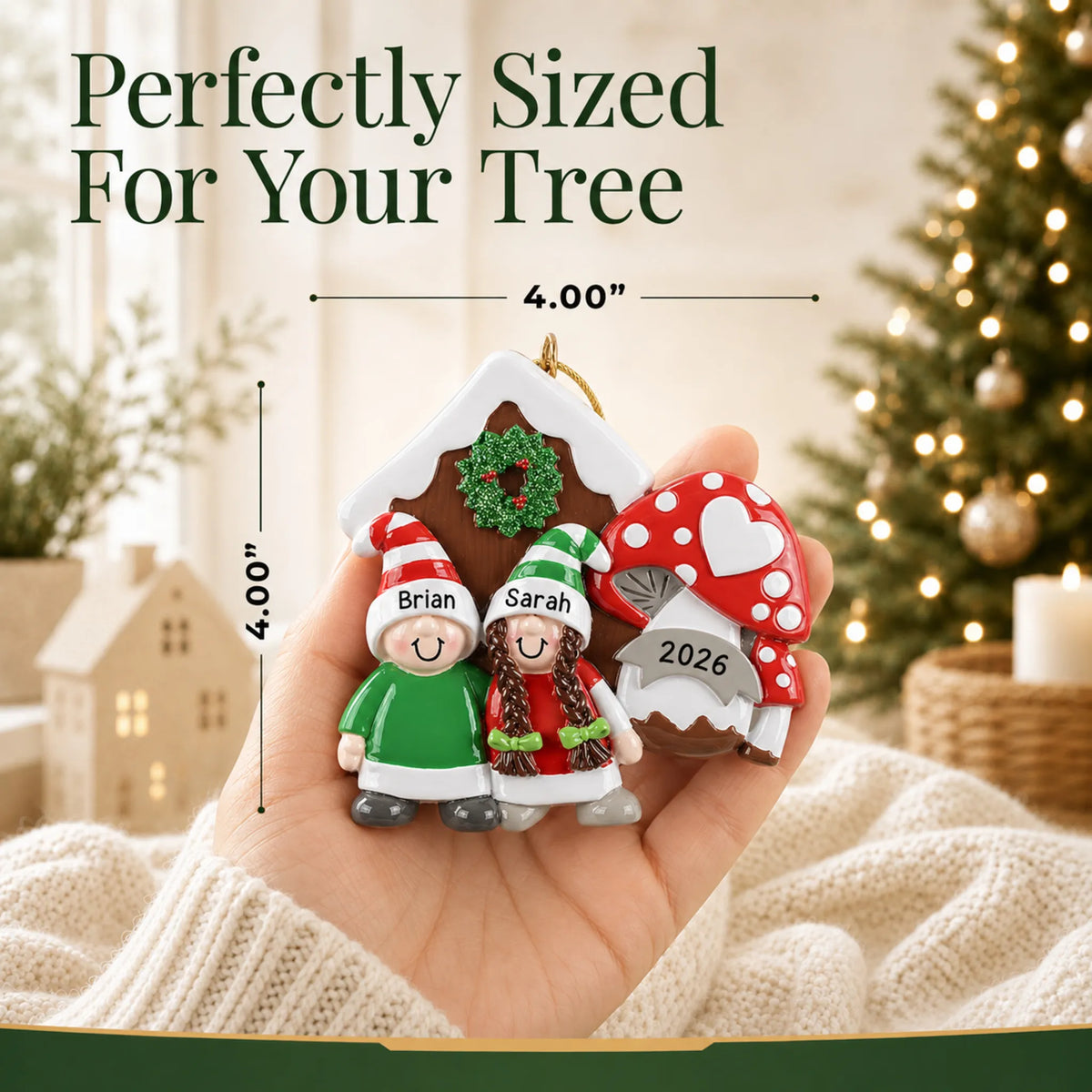 Size guide: the personalized gnome mushroom couple christmas ornament is 4.00 in wide by 4.00 in tall, shown in hand