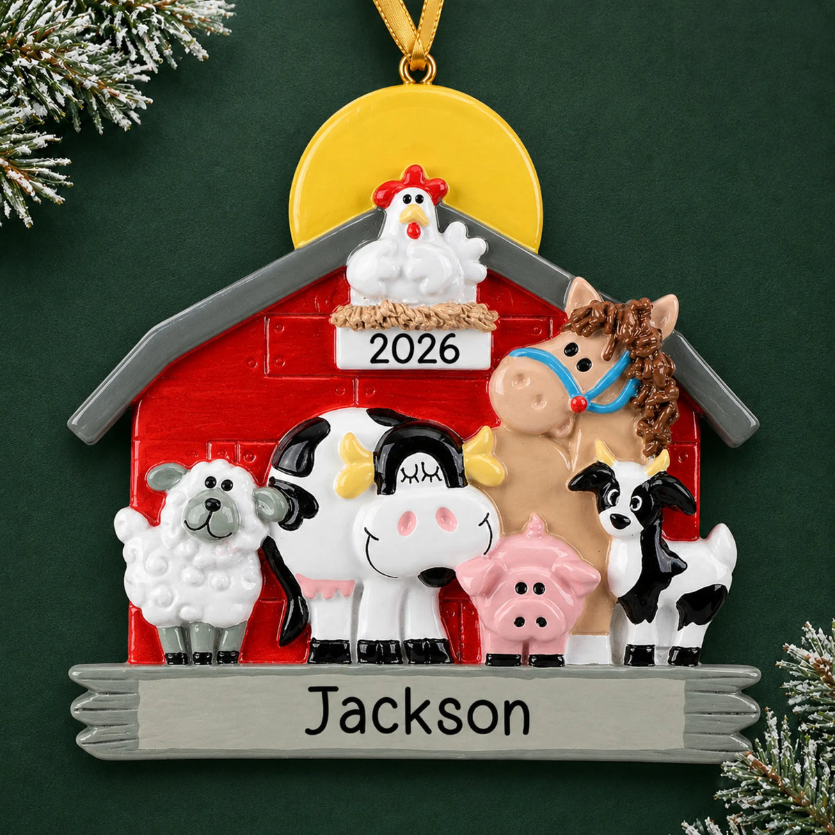Personalized farm animals barn christmas ornament on a dark green pine background