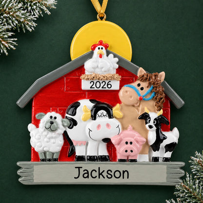 Personalized farm animals barn christmas ornament on a dark green pine background