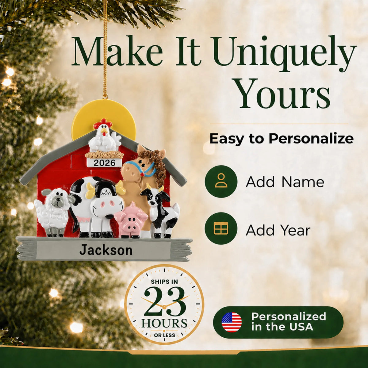 Make it yours: add a name and year to the personalized farm animals barn christmas ornament