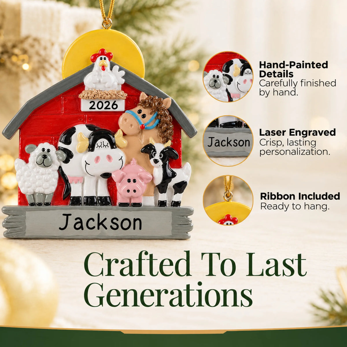 Hand-painted details and laser engraved personalization on the farm animals barn christmas ornament, ribbon included