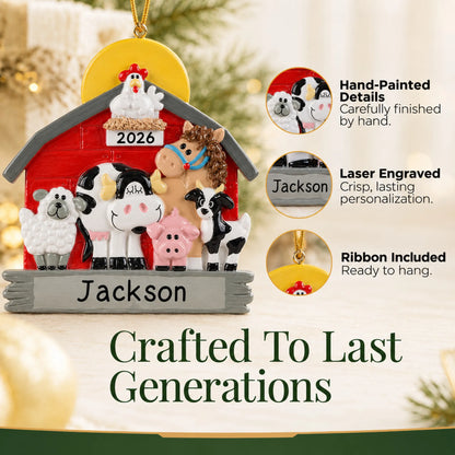 Hand-painted details and laser engraved personalization on the farm animals barn christmas ornament, ribbon included