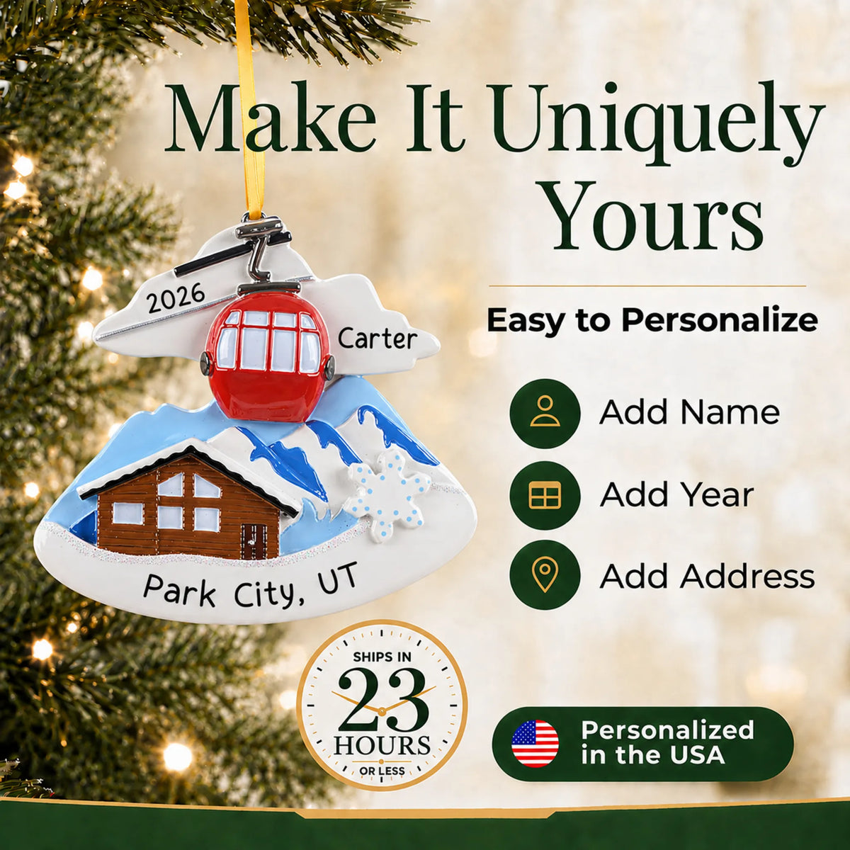 Make it yours: add name, address and year to the personalized ski lodge christmas ornament