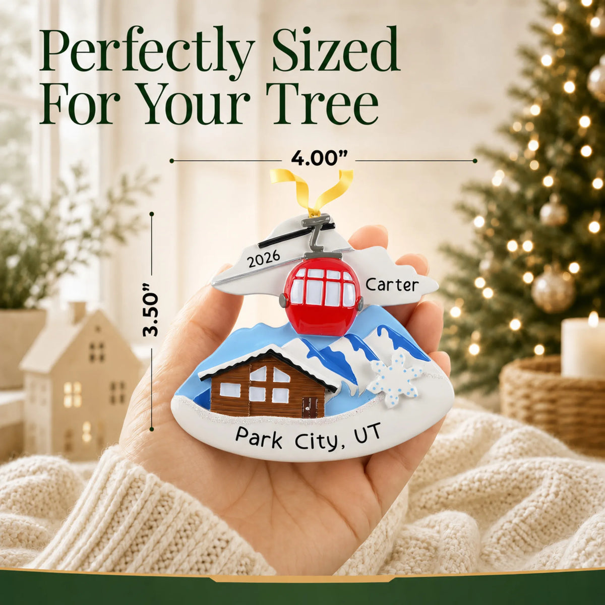 Size guide: the personalized ski lodge christmas ornament is 4.00 in wide by 3.50 in tall, shown in hand
