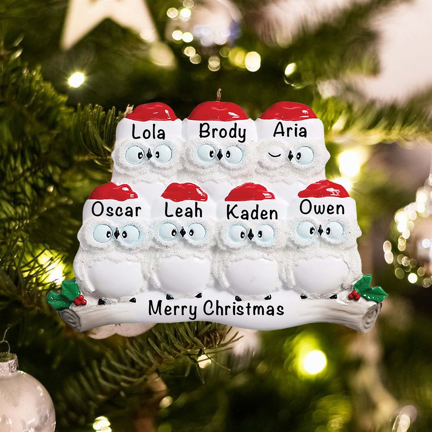 160-7 Personalized Owl Family of 7 Christmas Ornament