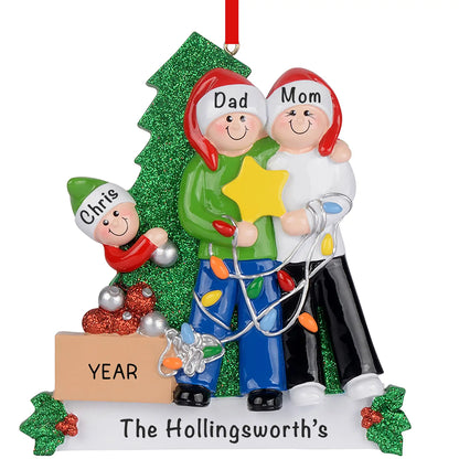 Personalized decorating the tree family of 3 Christmas ornament with names, the year and family name