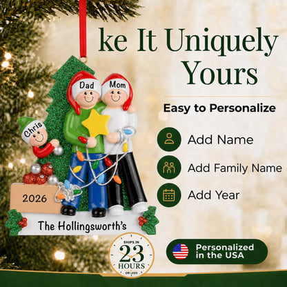 Easy to personalize family of 3 Christmas ornament, add names, family name and year to make it uniquely yours
