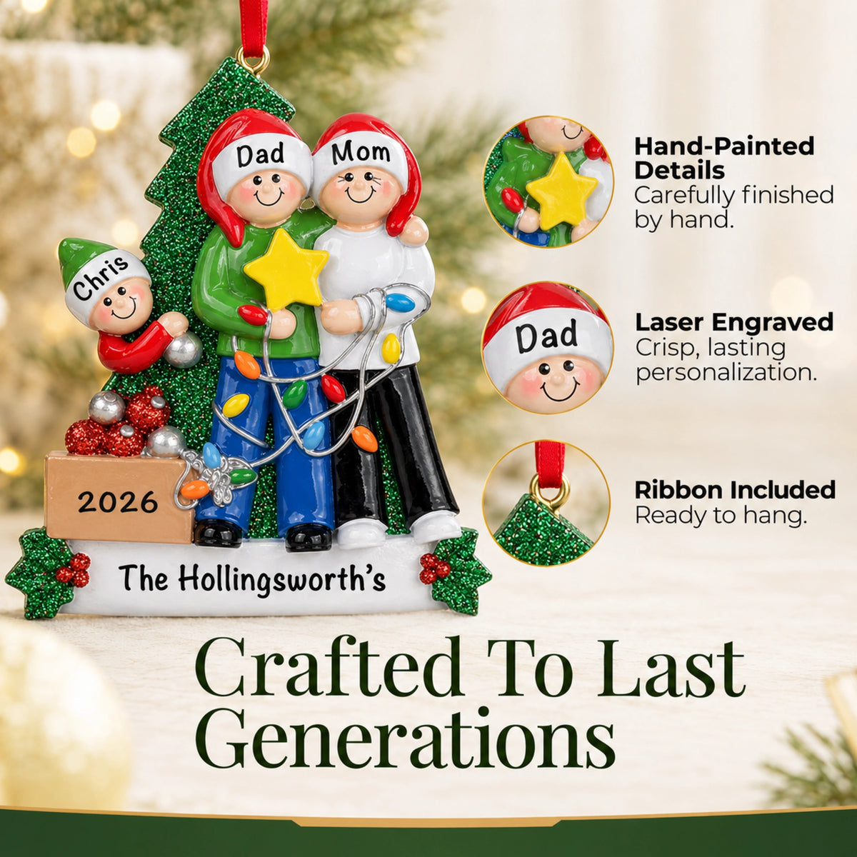 Hand-painted, laser-engraved family of 3 ornament crafted to last generations, ribbon included for hanging