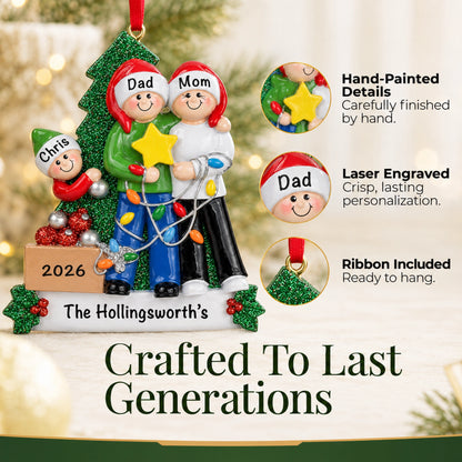 Hand-painted, laser-engraved family of 3 ornament crafted to last generations, ribbon included for hanging