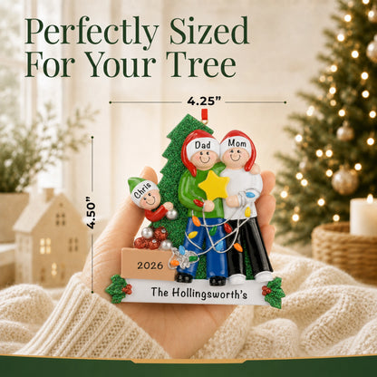 Decorating the tree family of 3 ornament shown at 4.25 by 4.50 inches, perfectly sized for your tree