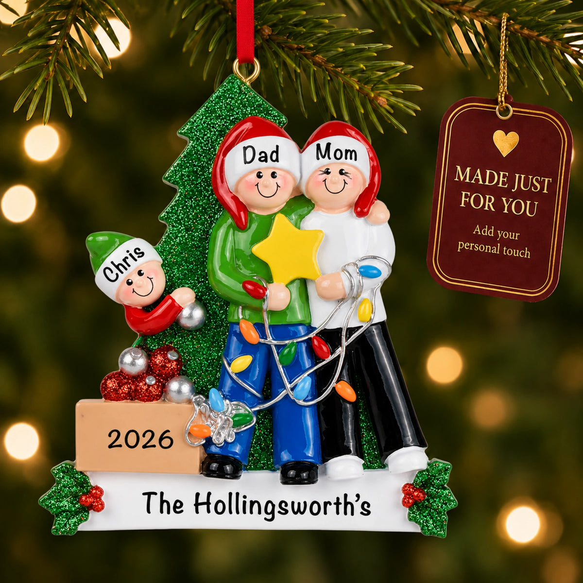 Personalized family of 3 Christmas ornament hanging on the tree, made just for you with names and year