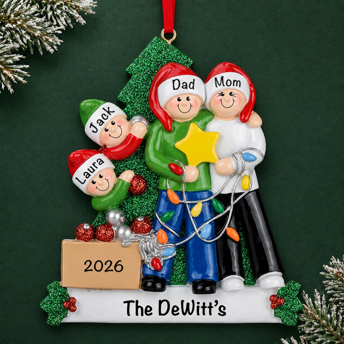 Personalized family of 4 decorating the tree Christmas ornament, parents and two kids holding a gold star