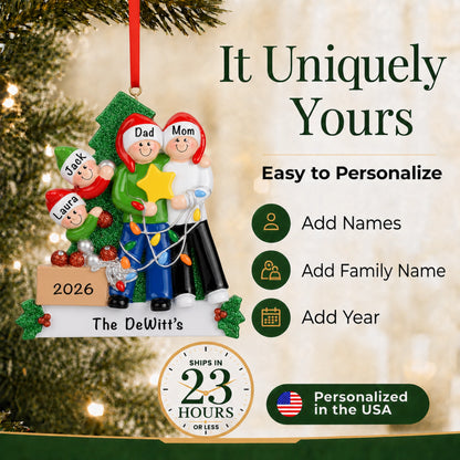 Easy to personalize family of 4 Christmas ornament, add names, family name and year to make it uniquely yours