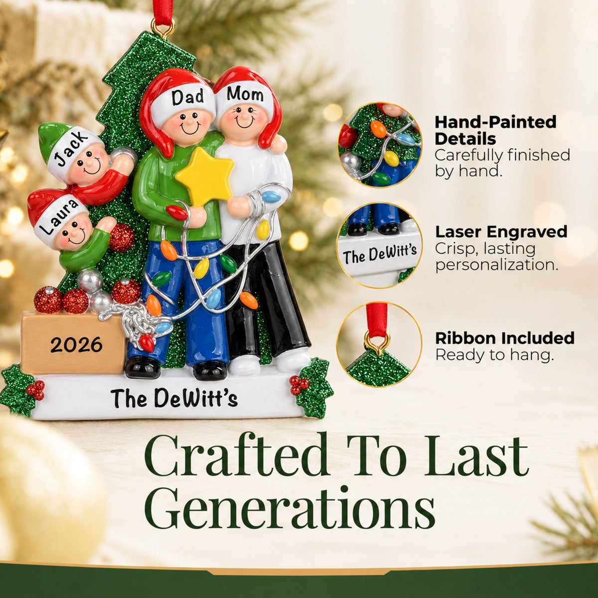 Hand-painted, laser-engraved family of 4 ornament crafted to last generations, ribbon included for hanging